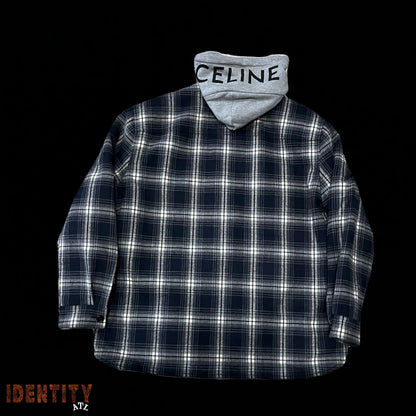 Celine Hooded Checked Cotton Overshirt Navy