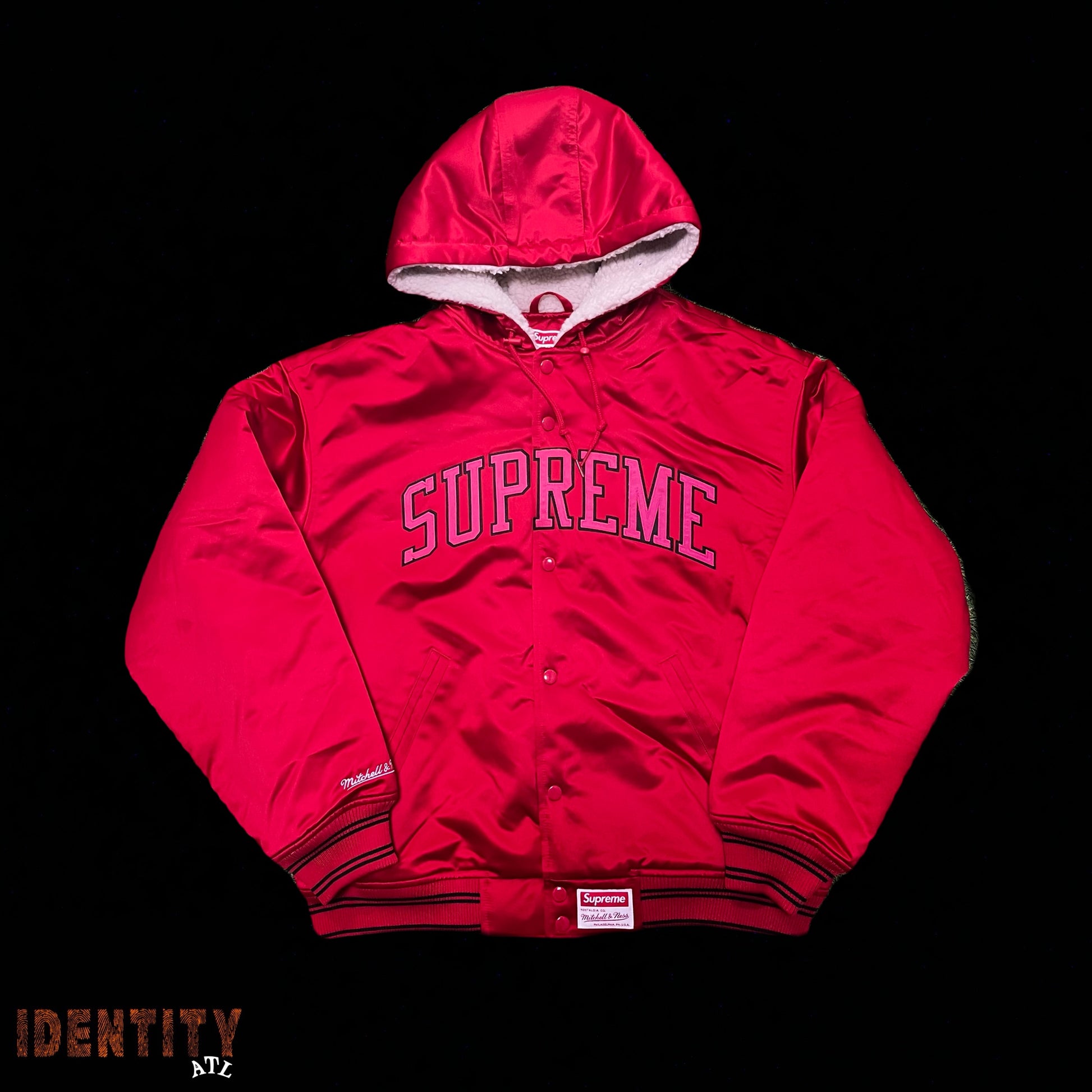 Supreme Mitchell & Ness Lined Hooded Satin Varsity Jacket Red