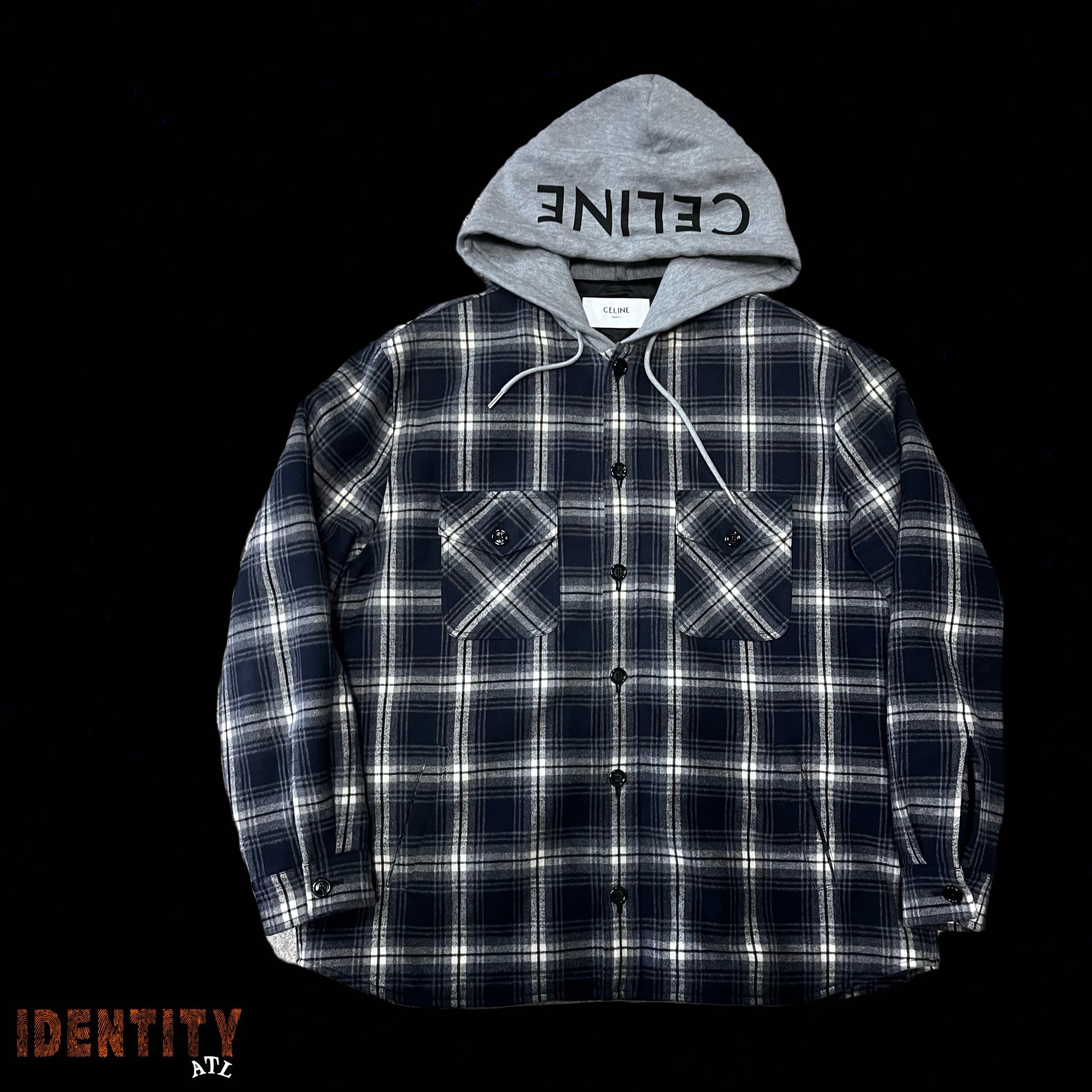 Celine Hooded Checked Cotton Overshirt Navy