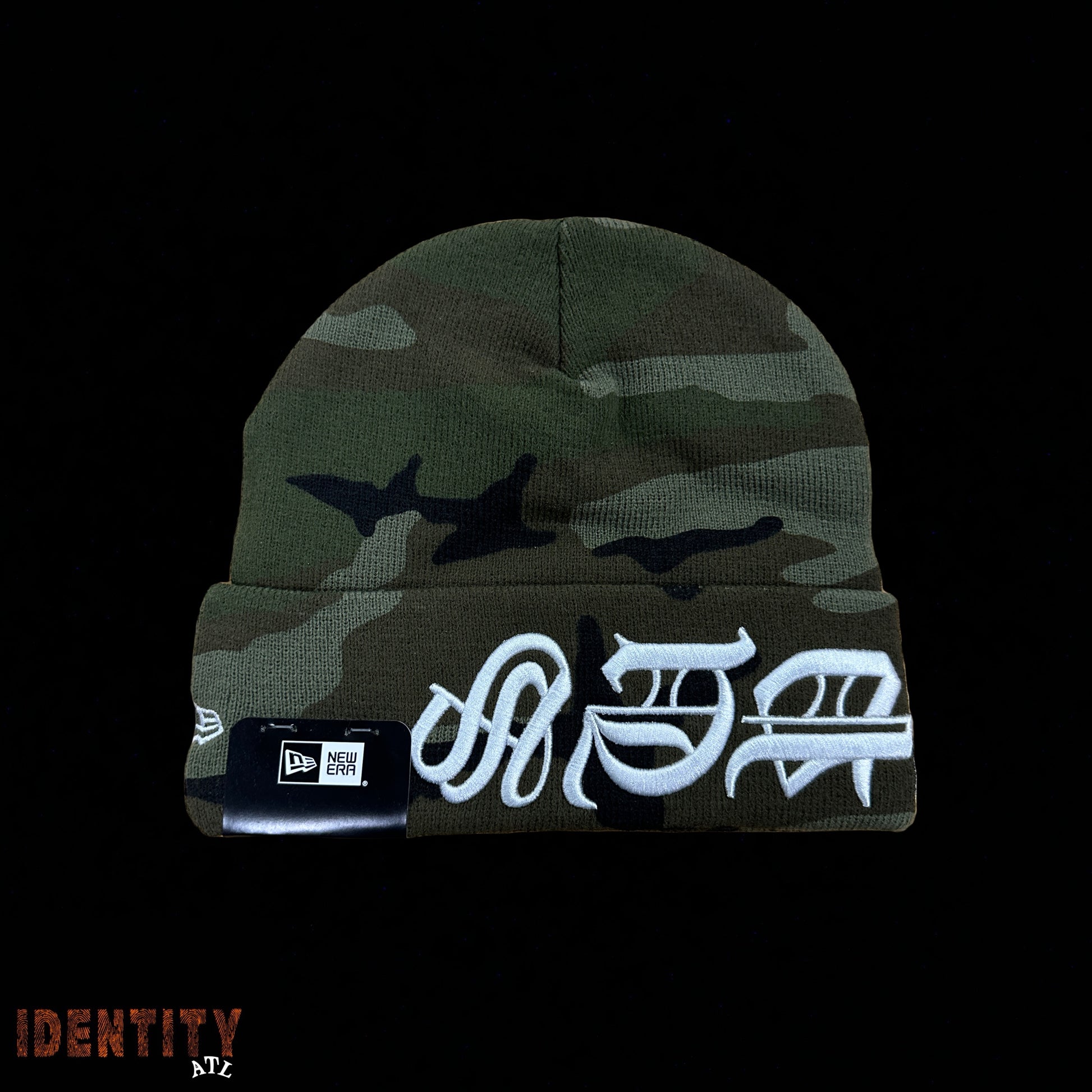 Supreme New Era Blackletter Beanie Woodland Camo
